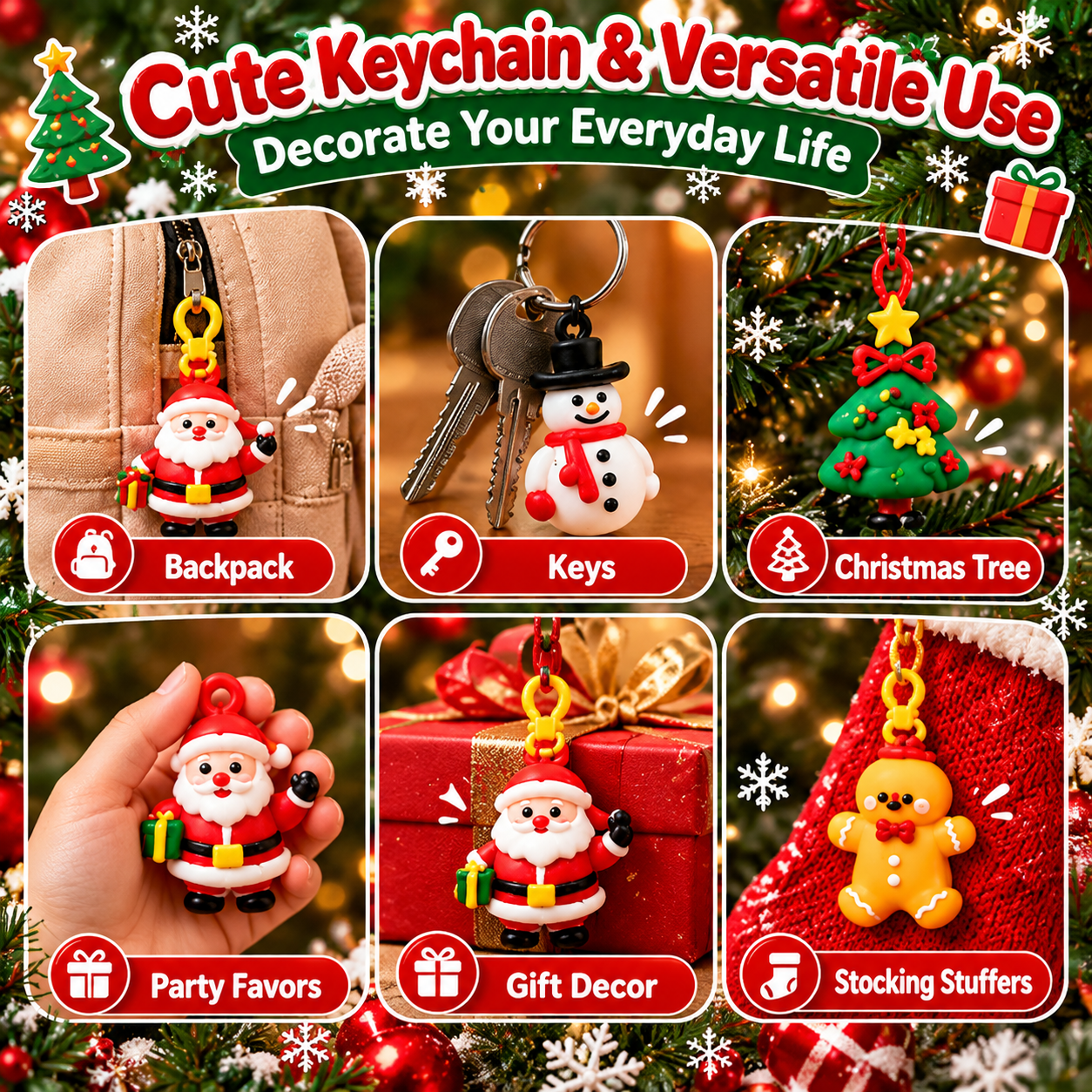 Christmas charms used on keys, a backpack, a tree and gifts