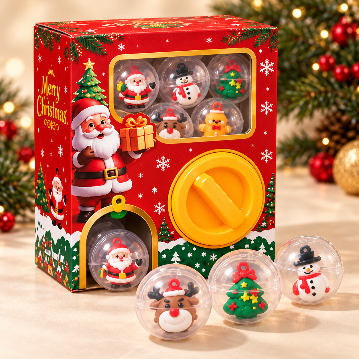 Christmas capsule machine with yellow knob and assorted character capsules